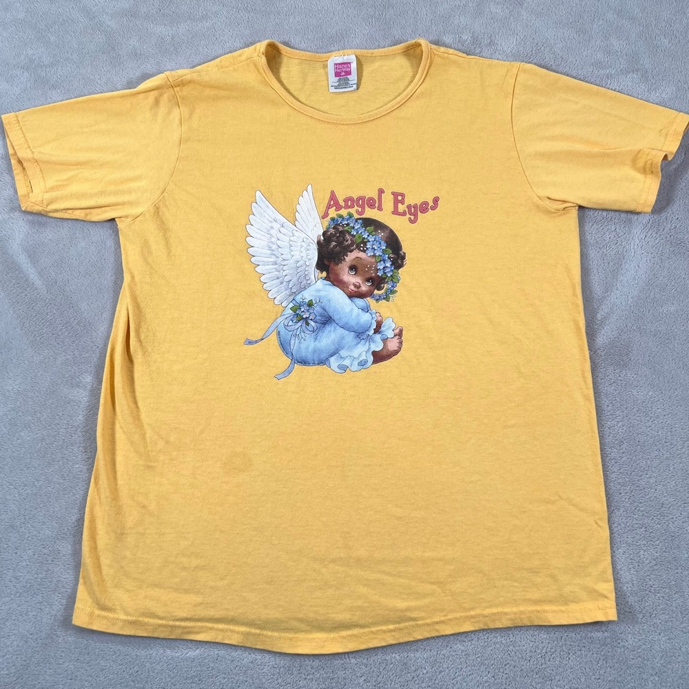 Vintage Hanes Her Way Angel Eyes Graphic T-Shirt Yellow 2003 Y2K Women's Medium